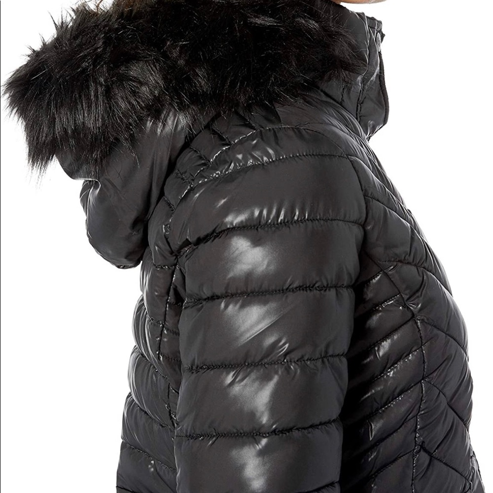 🎁 Kenneth Cole New York Women's Short Puffer Faux Fur Trimmed Hood Black Large - Picture 3 of 8
